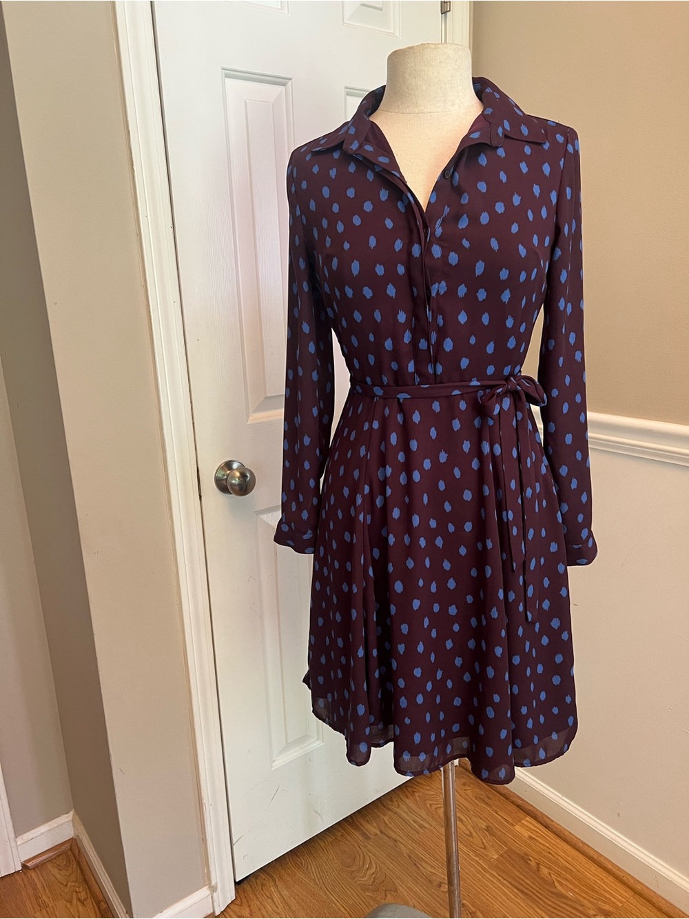 Banana republic Blue Dot Brown Long-Sleeve Shirt Dress with Waist Tie
